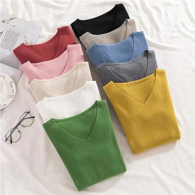 Sweater Women's V-neck Slim Knitted Sweater Stretch Pullover Long-sleeved Basic Knitwear Sweater Trendy Autumn and Winter