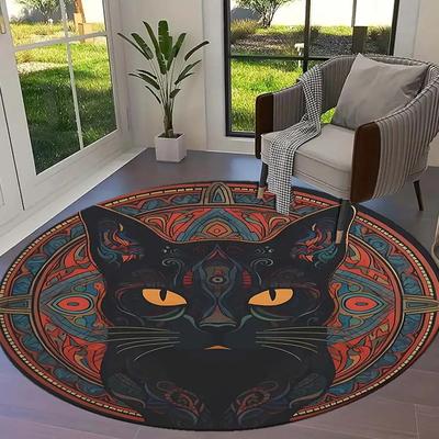 2D Flat, Round Mat - Black Cat with Glowing Eyes Design, Non-Slip Backing & Anti-Slip Stickers, Heavy-Duty 800gsm Crystal Velvet