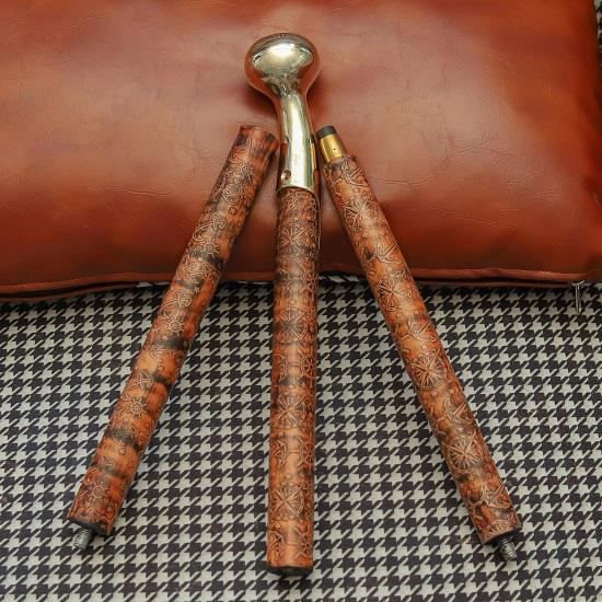Wooden Walking Cane with Polished Brass Handle Hand-Carved Nautical Floral Design Walking Stick Elegant Cane for Men Collector’s Gift