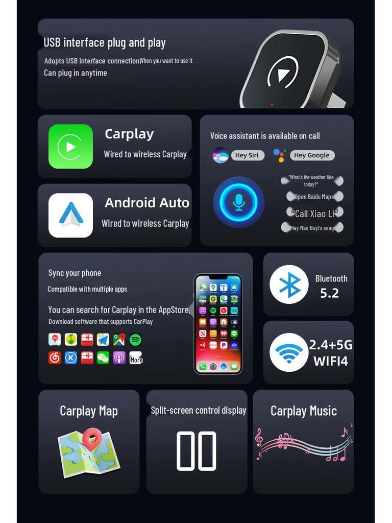 Cross-border CarPlay Box: Wired to Wireless Android Auto & Wireless CarPlay Converter