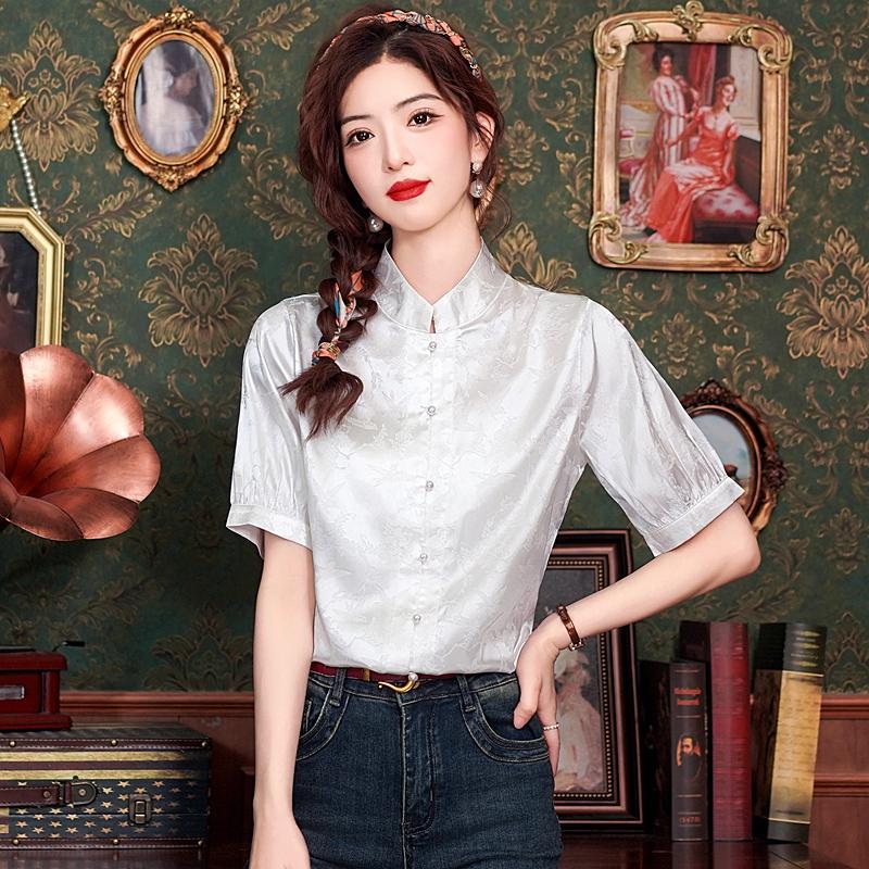 Fashion New Summer Chinese Style Short Sleeve Stand Collar White Chiffon Blouse Shirt Women Tops J377