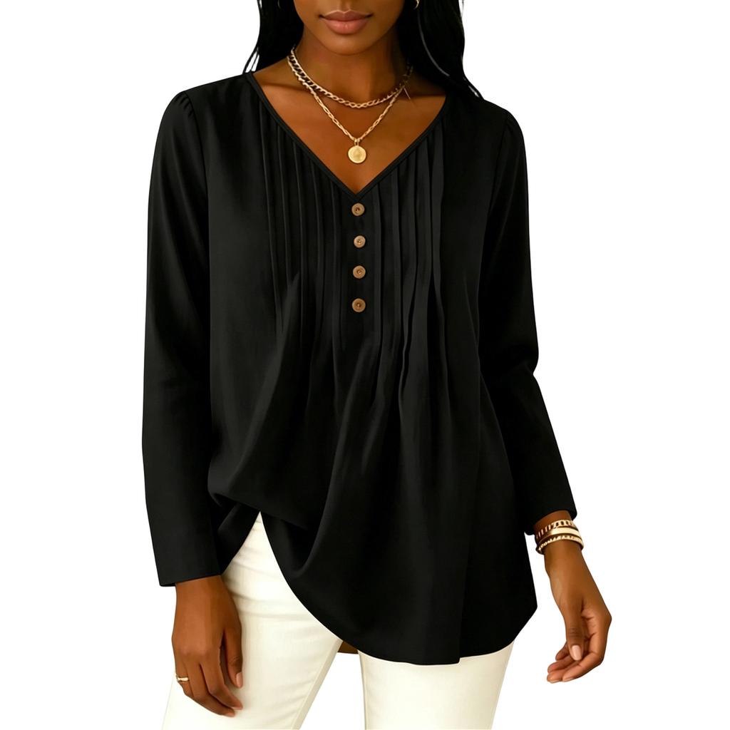 Women's Pleated V Neck Long Sleeve Blouse Button Detail Casual Lightweight Top for Work or Everyday Wear