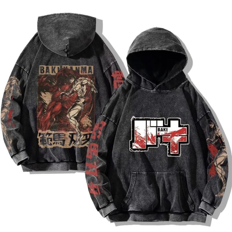 Baki Hanma Anime Print Hooded Men Women Vintage Trendy Hoodies Plus Size Washed Cotton Sweatshirt Harajuku Unisex Streetwear