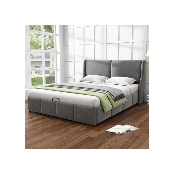 Lit double - MUVOE - 160 x 200 cm - Rembourré - Gris - Coffre de rangement intégré