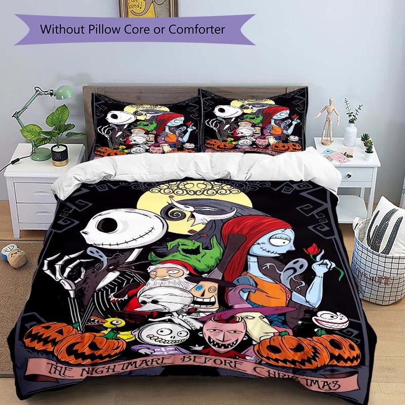3pcs Halloween The Nightmare Before Christmas Bedding Set, 1 Soft Quilt Cover + 2 Pillowcases, Machine Washable, Suitable for All Seasons, P