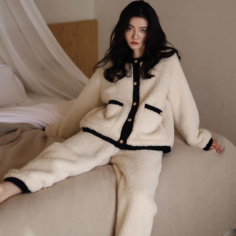 Autumn/Winter Coral Velvet Pajamas for Women Warm Casual Flannel with Velvet Thickened Can Be Worn Outside The Home Suit