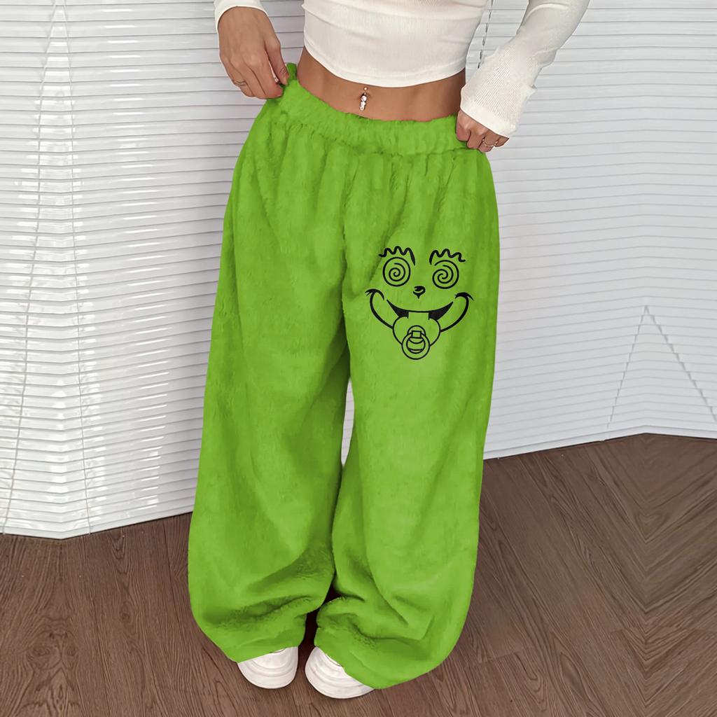 Women's Casual Christmas Print Elastic Waist Loose Fit With Plush Wide Leg Pants