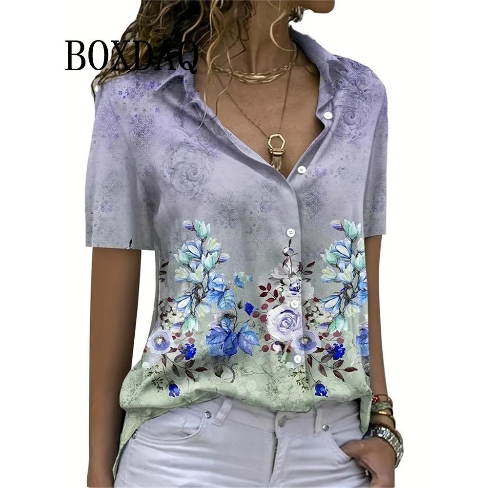 Summer Chic Women's Lapel Short-Sleeved Loose Shirts Spring Single-Breasted Tops Casual Flower Printed Blouses Women's Clothing