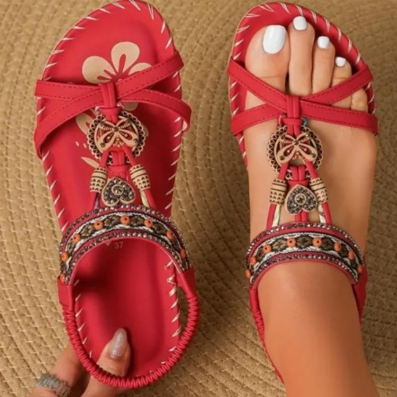 Damen Sandalen Bohemian Große Größe Blumen Strass Sandalen Offene Zehen Strandsandalen