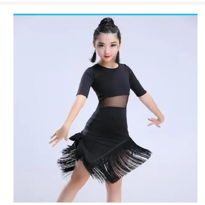 Vestido de Danza Latina para Niñas Vestimenta Latina con Flecos Disfraz de Salsa Negro Rojo Vestidos de Salón Tango