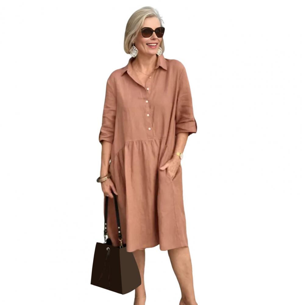 Dámské šaty A-line s límečkem Vintage Jednobarevné Kapsa Midi Šaty Volné Ležérní Letní Krátký Rukáv Šaty na Párty Cestování Buďte