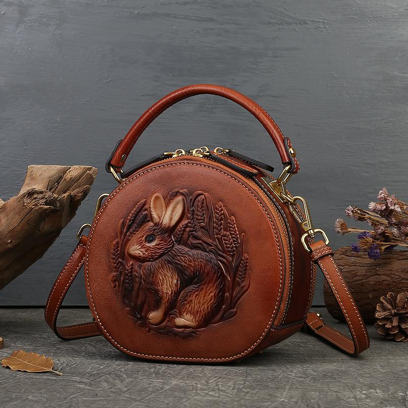 Rabbit Embossed Handbag Genuine Leather Retro Women Bag Versatile Real Cowhide Handmade Shoulder Bags