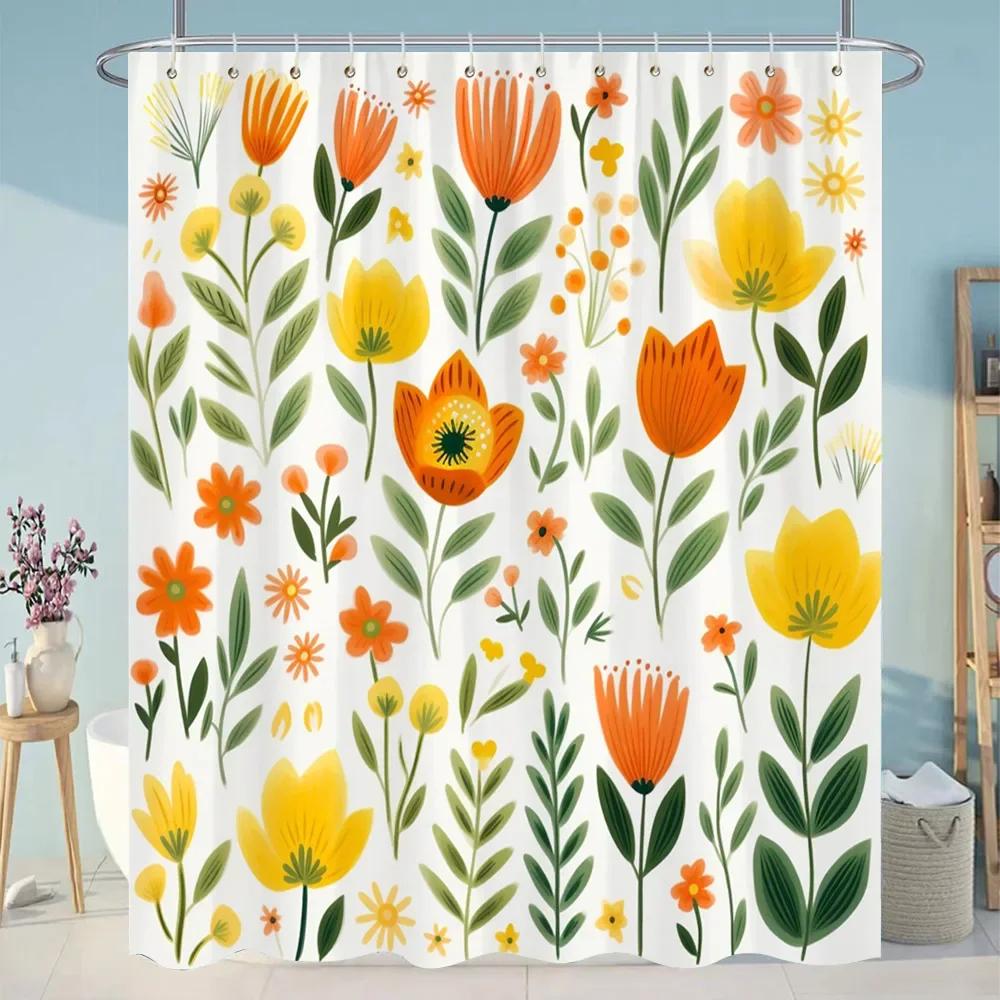 Beautiful Plant Flower Shower Curtain Eucalyptus Leaf Cherry Blossom Scenery Cat Butterfly Polyester Bath Curtain Bathroom Decor