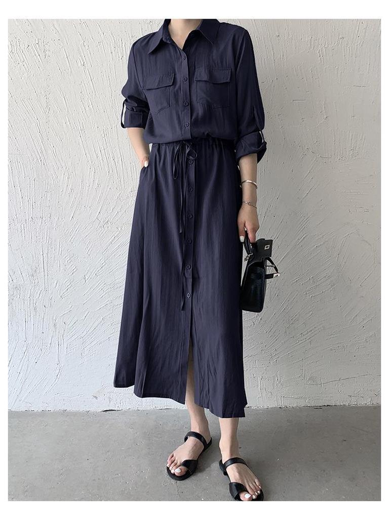Japanese Style 2026 Autumn Women's Casual Long Sleeve Drawstring Shirt Dress with Pockets