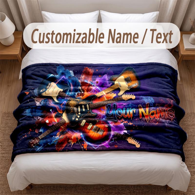 Music Guitar Theme Soft Blanket Personalized Custom Name Text Print Warm Blanket Home Sofa Bedroom Decor