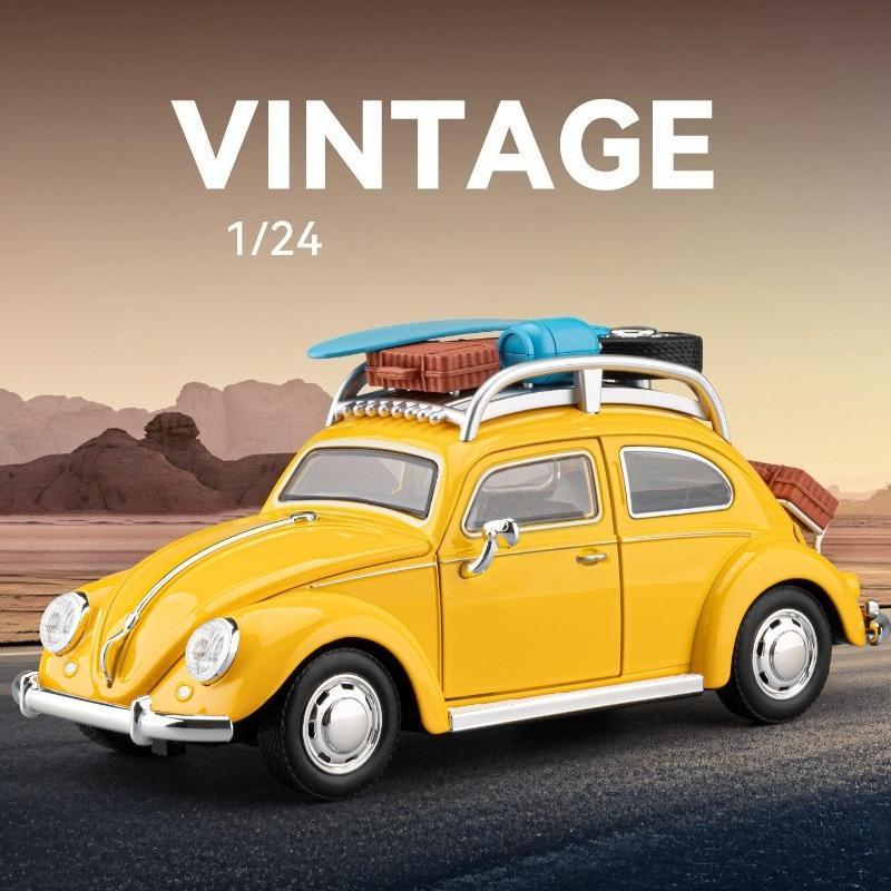Simulation 1:24 Scale Retro Beetle Die-Cast Alloy Car Model Pull Back With Light & Sound Collectible Ornament Miniature Voiture
