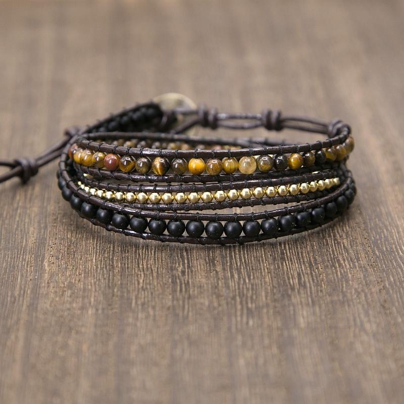 Unique Mixed Triple Simple Leather Beaded Bracelet, Tiger Eye, Copper, Black Beaded Beaded Bracelet Friendship Bracelets Jewelry