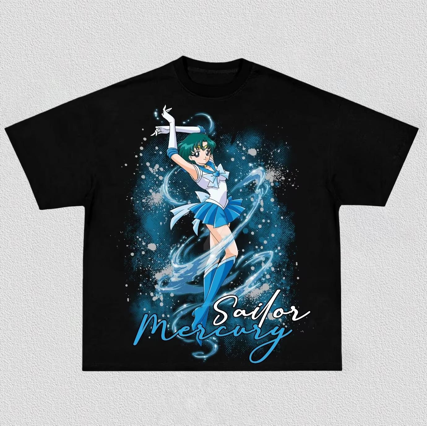 Unisex Vintage Sailor Mercury Sailor Moon Manga Print T-Shirt, 90s Anime Art Casual Streetwear T-shirt 4XL