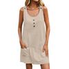 Women's Loose Casual Color U-Neck Pocket Button Adjustable Shoulder Strap Sleeveless Dress