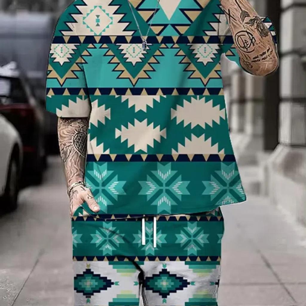 Summer Men's Short Sleeve Shorts Set Street Everyday Casual Men's T-Shirt Outdoor Fashion Loose Shorts Bohemian Print