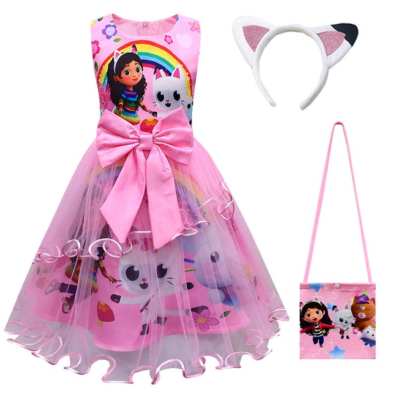 Gabby's poppenhuis Kinderen Zomer Gabby Katten Jurk Baby Meisjes Schattige Kant Prinses Jurk Peuters Meisjes Verjaardagsfeest Jurken Hoofddeksel 100 pink