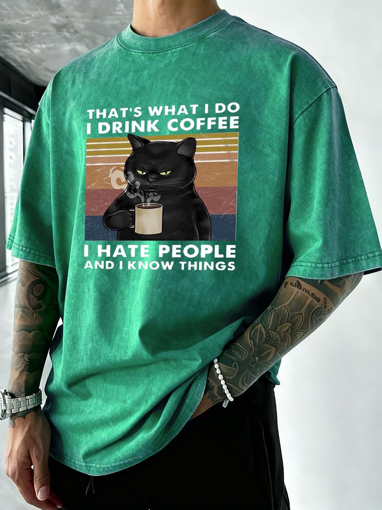Cats Love To Drink Coffee Pattern Washed TShirts Men Oversized Casual T Shirt Sport Crewneck Tee Tops Cotton Summer Clothes