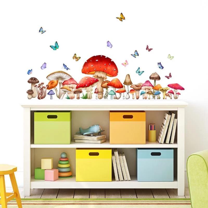 Color Mushroom Butterfly Wall Stickers for Kids Room Bedroom Baby Room Kindergarten Background Decorative Wall Decals PVC Murals