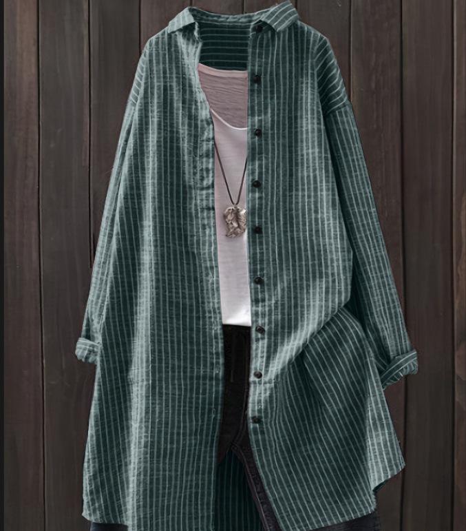 New Women's Cotton and Linen Striped Shirt, Mid Length Long Sleeved Pocket Top