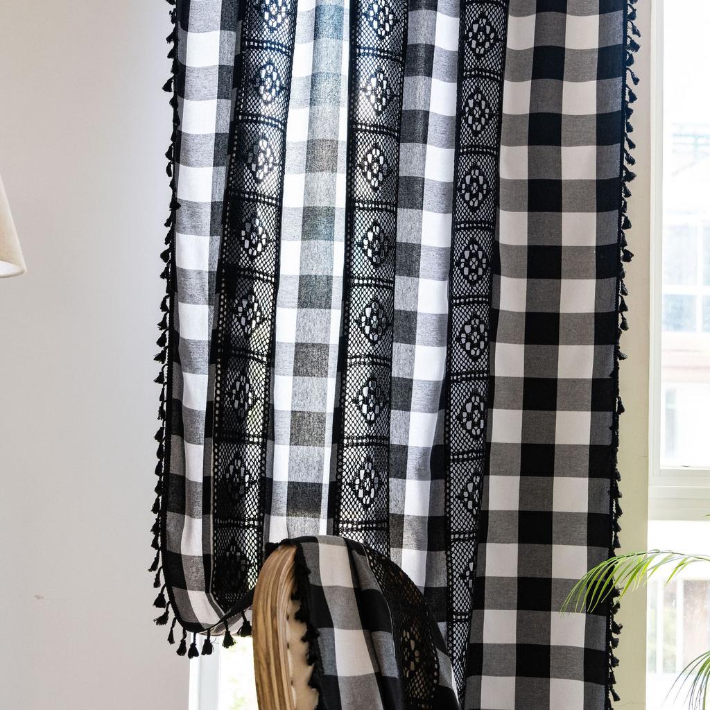 Black And White Plaid Splicing Curtains Medium Ancient Style Foreign Retro Personalized Art Hollow Short Curtain