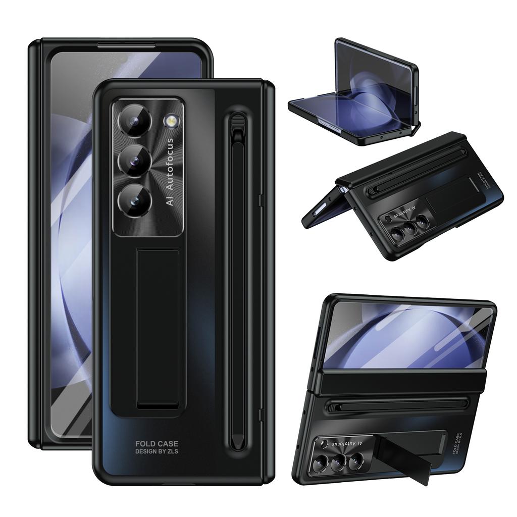 For Samsung Galaxy Z Fold5 5G Case Hinge PC Kickstand Phone Cover with Tempered Glass Film/Stylus