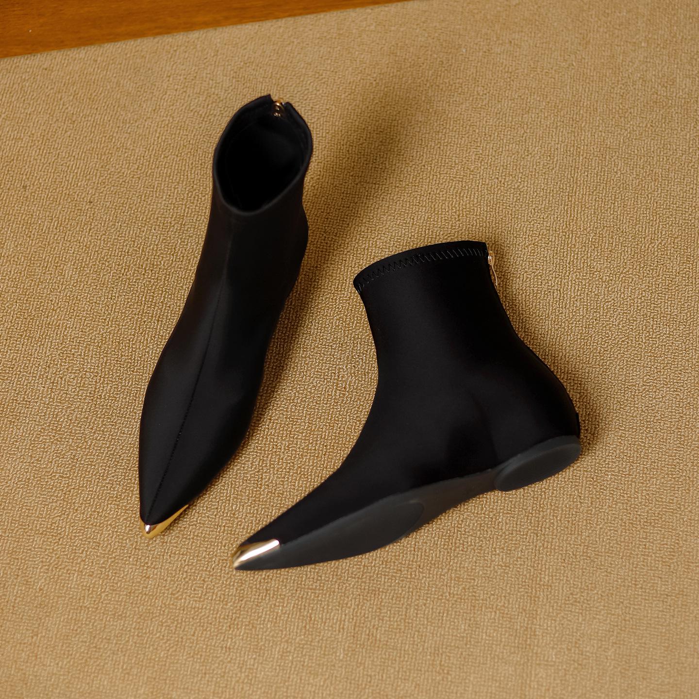 

Women s Black Flat Heel Leather Ankle Boots with Hidden Lift and Back Zipper - 2025 Autumn/Winter Collection 35