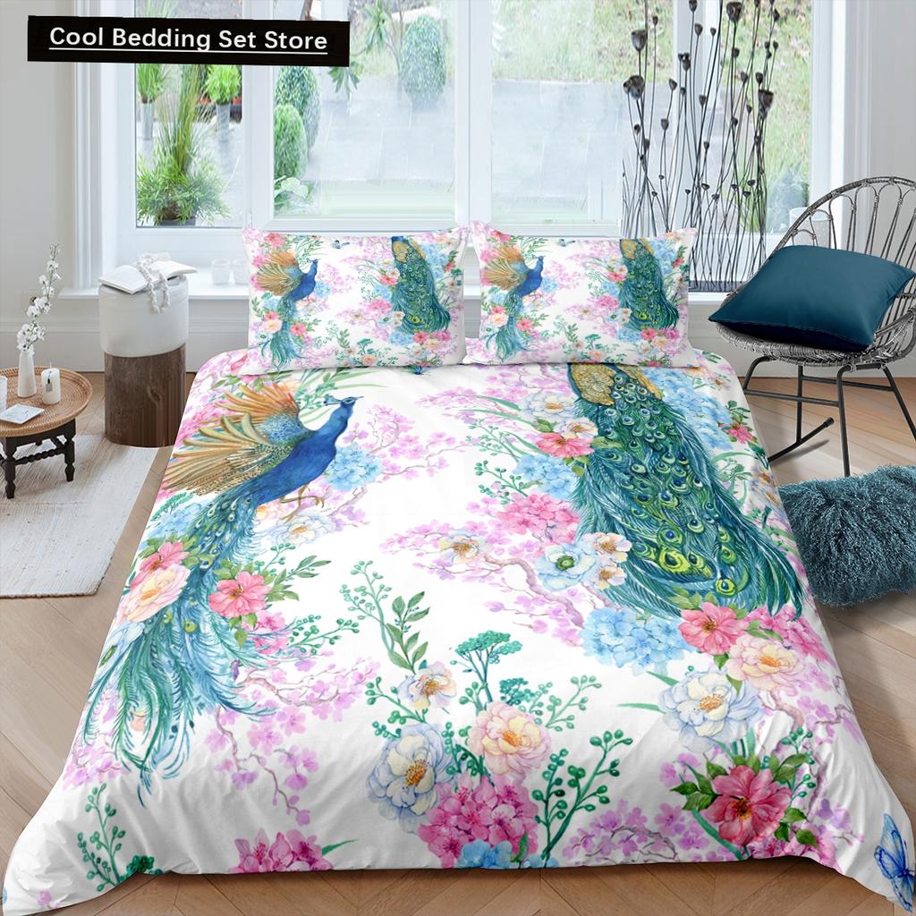 Pfau Bettbezug King Queen Größe Kolibri Libelle Bettwäscheset Blumen Vögel Bettdeckenbezug Floral Tiere Bettdeckenbezug