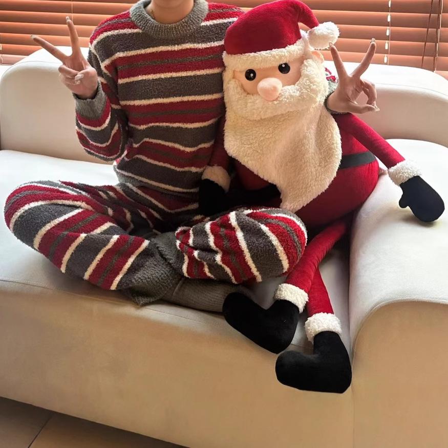 2025 Winter Women's Fluffy Velvet Pajama Set - Striped Color Block, Round Neck, Thickened for Christmas and New Year.