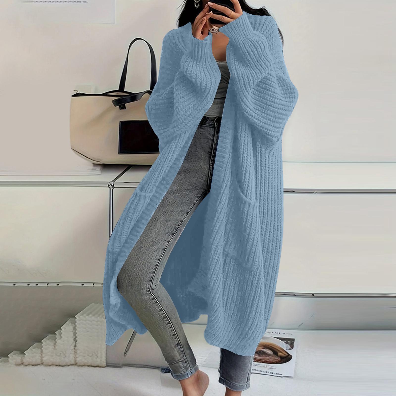 

Женский однотонный кардиган машинной вязки с длинным рукавом до колена, ленивый тренд, куртка для волос средней длины XXXXXL небесно-голубой