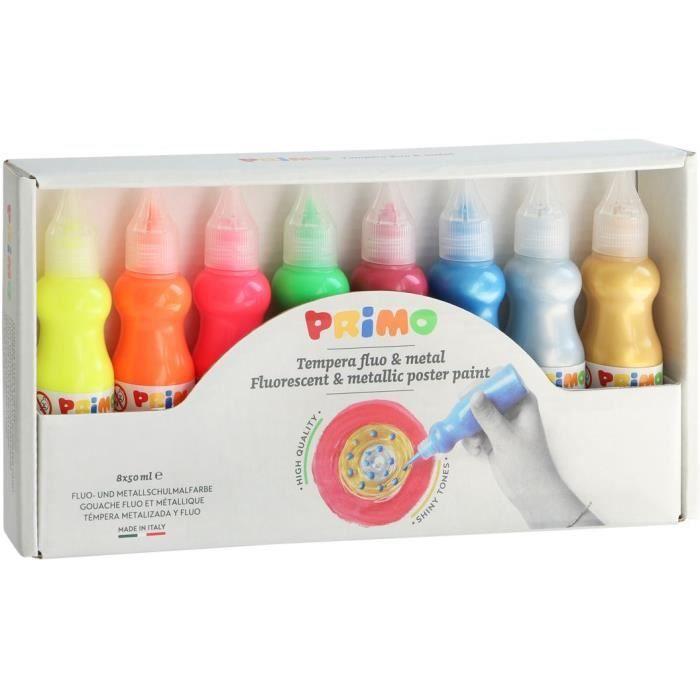 PRIMO 2532FM8 Gouache de qualité supérieure, en flacon avec bec verseur, 8 couleurs: 4 couleurs fluos et 4 couleurs métalliques.