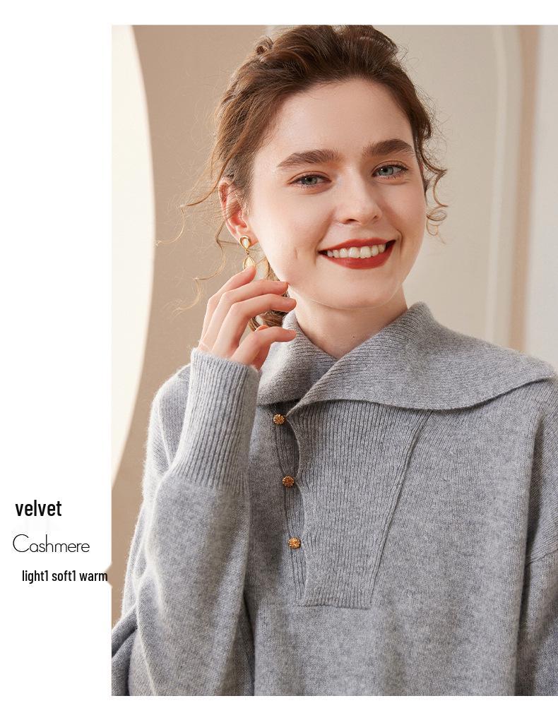 Women's Solid Color Cashmere Lapel Knit Sweater - Long Sleeve, Loose Fit, Warm Pullover for Autumn & Winter