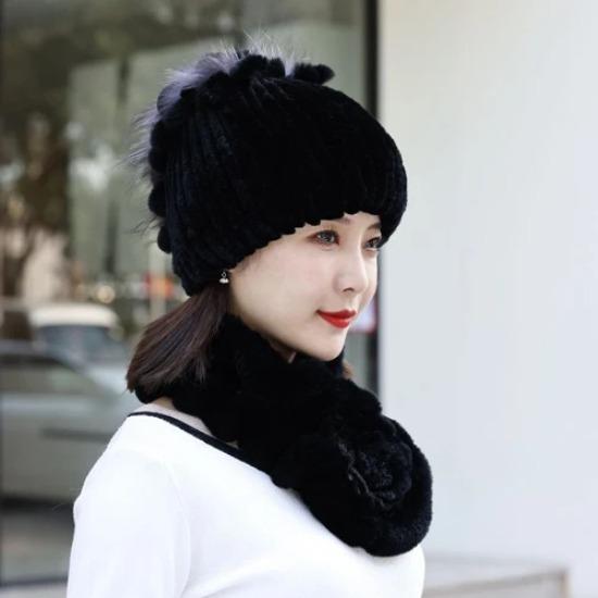 Neue Mode Frauen Winter Echte Rex Kaninchen Pelzmütze Schal Natürliche Weiche Rex Kaninchen Pelz Kappe Schals Sets Für Dame Im Freien warm halten