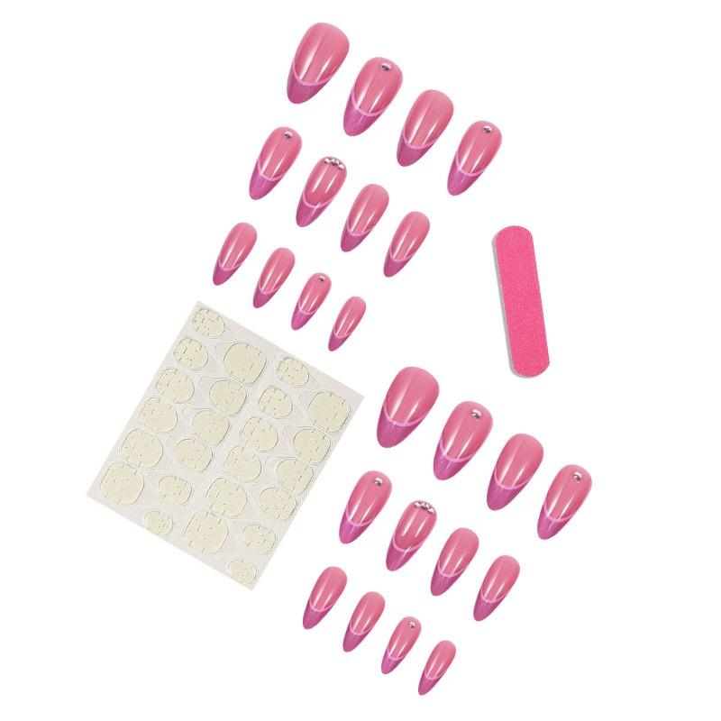 24-pack of Rose Red French Manicure Wearable Nail Patches Wholesale Almond Medium Style European and American Wearable Manicure Patches