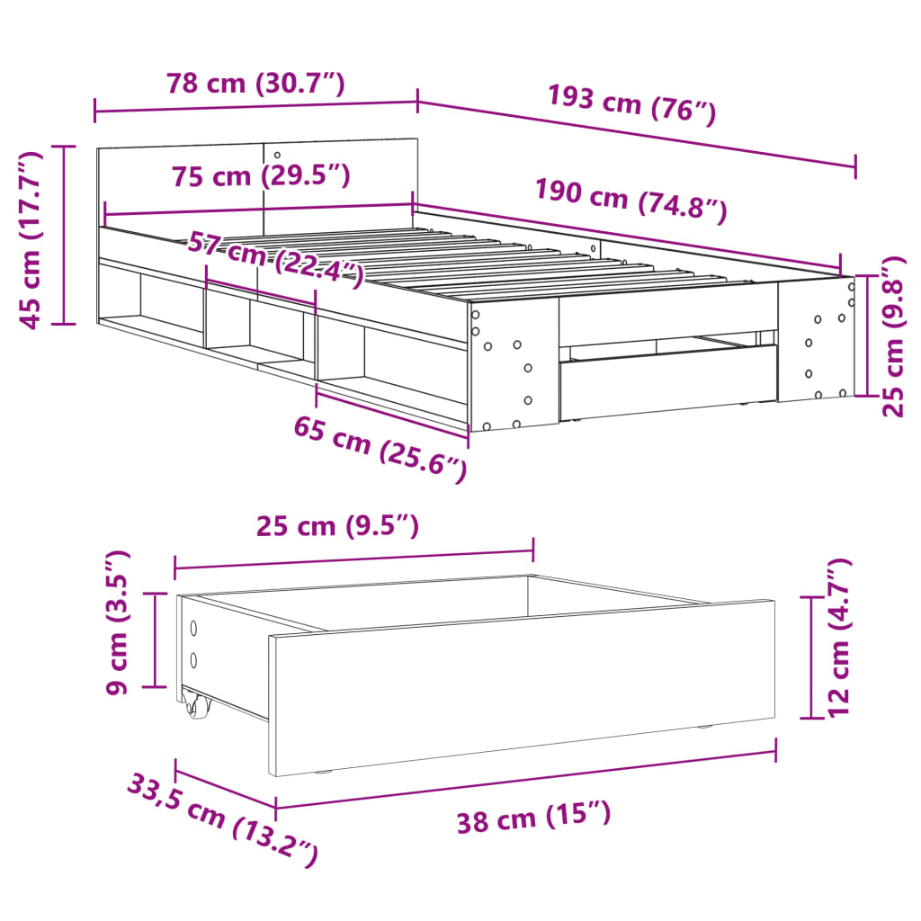 Bed Frame with Drawer Smoked Oak 75 x 190 cm Wood Based Material