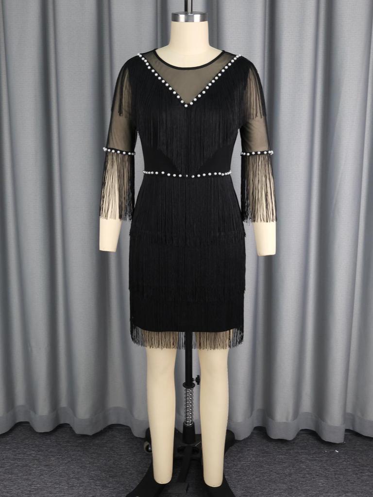 Plus Size Black Pearl Tassel Evening Gown with See-through Sleeves & Waist-Cinching Design