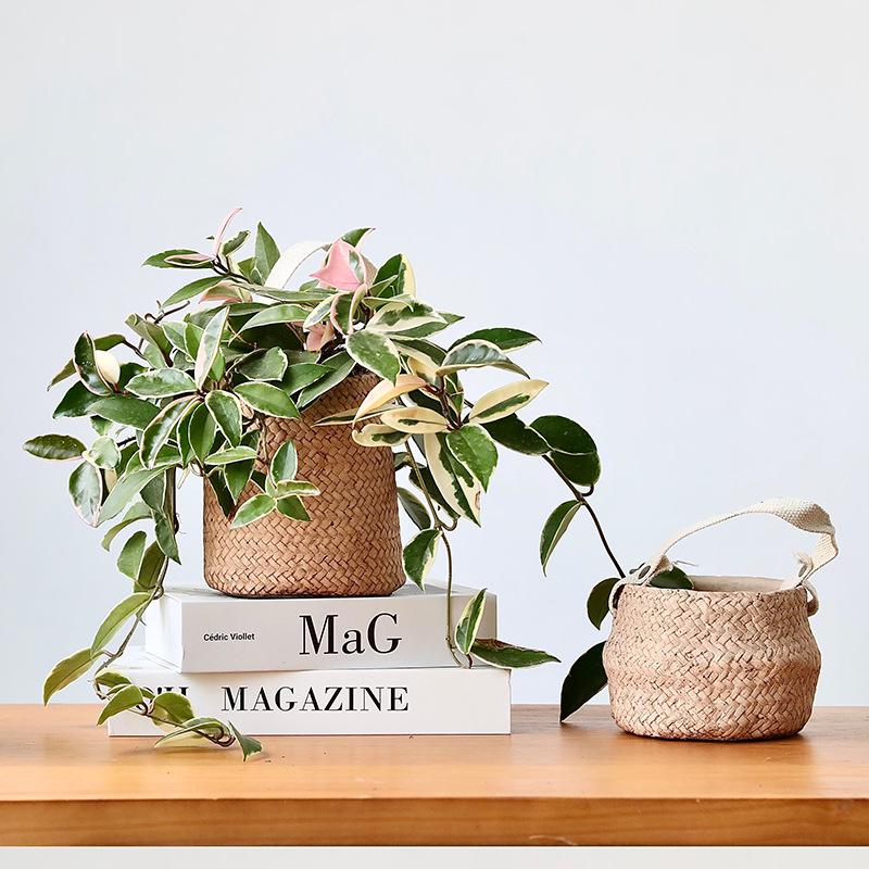Creative Retro Rattan-Style Cement Flower Pot, Straw-Woven Hanging Basket with Handle for Plants and Flowers