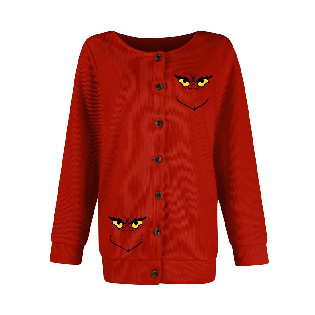 Women's Fashion Christmas Printed Long Sleeve Knitted Cardigan Button Down Jacket