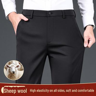 Men's Gray Anti-Wrinkle Elastic Wool Trousers - Thickened Straight Fit for Business, Autumn, and Winter Wear.
