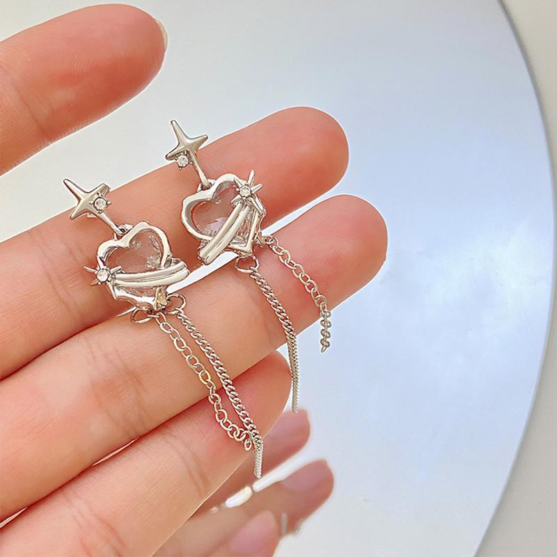 Exquisite Black Crystal Heart Dangle Earrings for Women Charm Lava Shining Star Long Tassel Earrings Fashion Jewelry Accessories