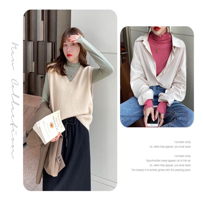 Ladies' Velvet Half-High Collar Wood Ear Edge Solid Long-Sleeve Knit Shirt – 2024 Collection