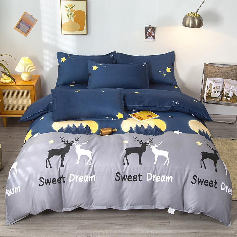 Four Seasons Sengesett 4 stk børstet sengetøy Husholdningsstudent-trykt laken Dynetrekk Putevar for King Queen Beds