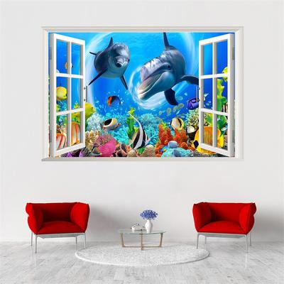 3D Sea World Dolphin Window View Wall Sticker Decals Landscape Removable Wallpaper Decal Stickers Home Decoration