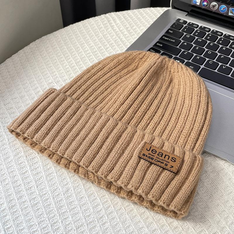 Coarse thread knitted hat children autumn and winter leather label letter wool hat big head circumference warm ear protection cold hat men