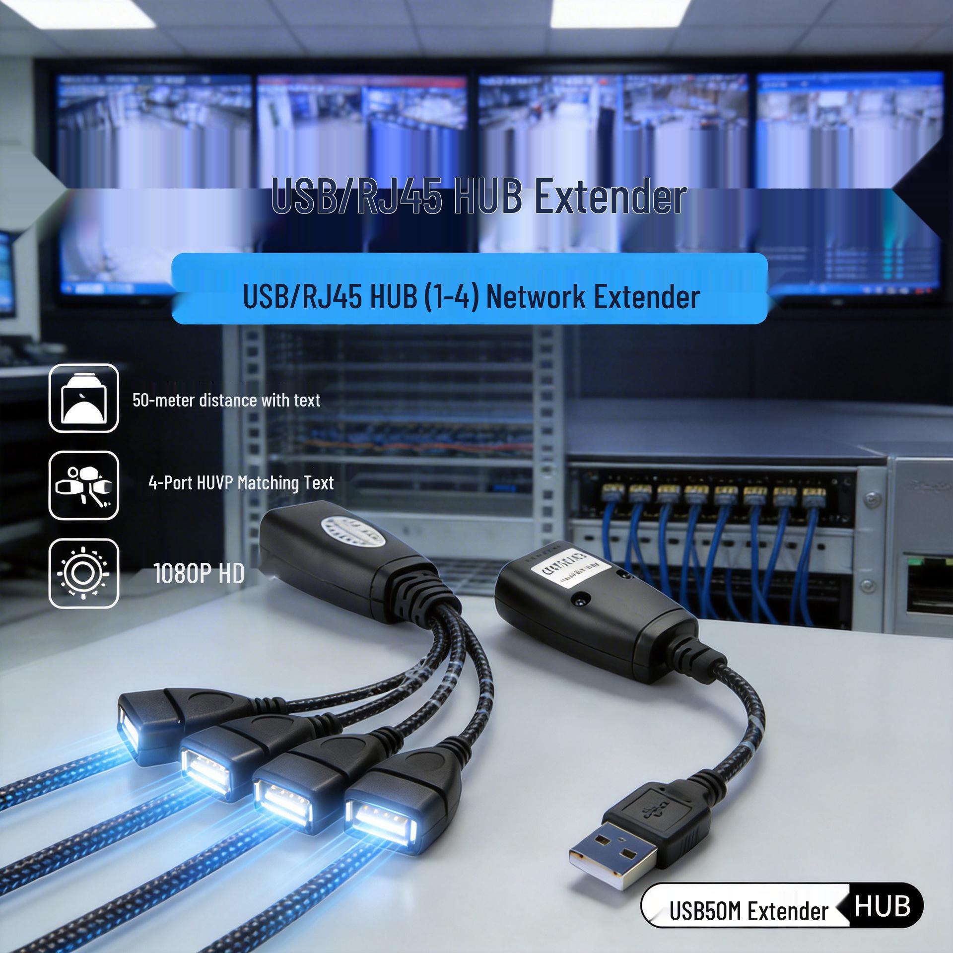 

USB to RJ45 Network Extender 50m Cable Amplifier with 1-to-4 Hub for Cameras чёрный