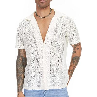 Fashion Lace See Through Button Hollow Top, Holiday Casual Men’s Short Sleeved Shirts